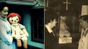 Lorraine Warren holding the Raggedy Ann doll outside her home and in the museum.