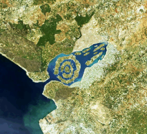 Computer rendering of an aerial view of Atlantis.