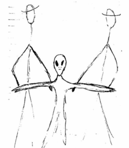 Sketch supposedly by Reverend Huffman of what the lost photo looked like.