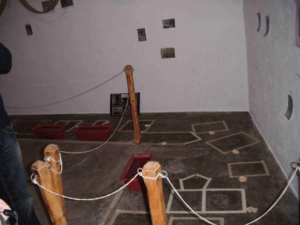 Faces marked on the floor and roped off.