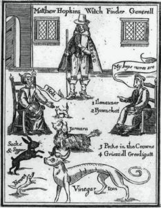 An illustration from the 17th century depicting witches and their so-called familiars.