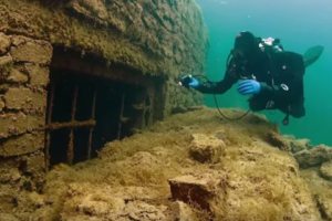 Diver exploring the underwater town beneath Lake Lanier.