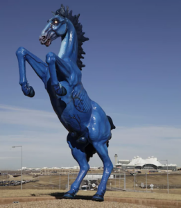 The statue known as “Blucifer” outside the airport. Courtesy of FlyDenver.com and Westword