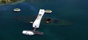 The USS Arizona Memorial over the sunken ship. Courtesy of National Park Service and AmericanGhostWalks.com via https://www.americanghostwalks.com/articles/pearl-harbor-ghosts