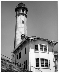 The lighthouse that stood on Alcatraz. Courtesy of San Francisco Public Library.