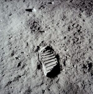 Bootprint left on the moon during Apollo 11 mission, as skeptics argue that prints are only left in moist climates. Courtesy of NASA and TheGuardian.com