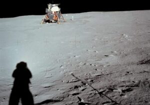 Photo of Neil Armstrong showing the shadows on the moon. Courtesy of NASA and SkyAtNightMagazine.com