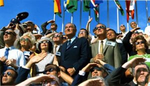 Spectators, including the former President Lyndon B. Johnson and Vice President Spiro Agnew, watch as Apollo 11 takes off. Courtesy of NASA and USAToday.com